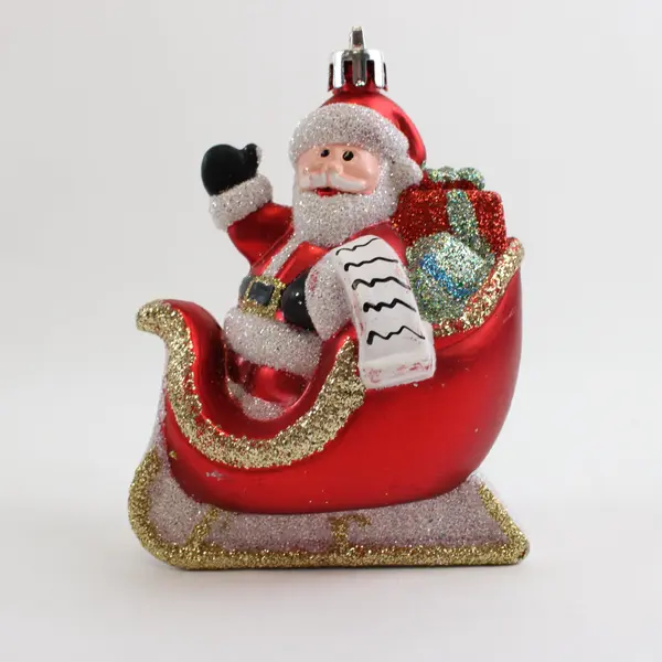 Santa Red Glitter Sleigh Christmas Holiday Ornament Decor