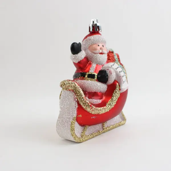 Santa Red Glitter Sleigh Christmas Holiday Ornament Decor