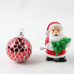 Lot of 2 Christmas Decor Red Ornament Wind-Up Santa Figurine