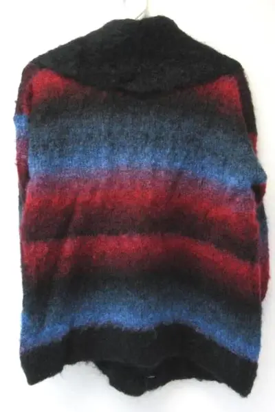 Vintage Women's Large Coat Blue Black Red Fuzzy Knit Crochet Buttons Collar
