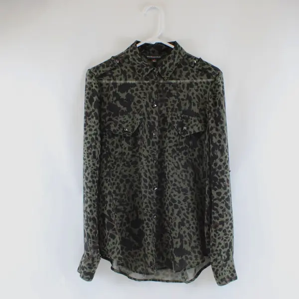 Rock & Republic Sheer Leopard Print Blouse Green Black Brown Women's M