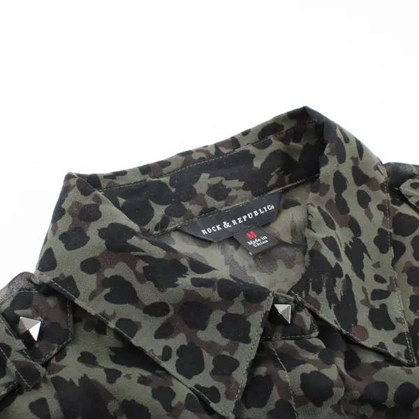 Rock & Republic Sheer Leopard Print Blouse Green Black Brown Women's M