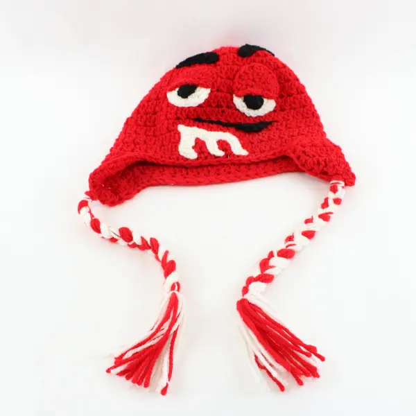 Handmade Crocheted Red M&M Earflap Beanie Hat One Size