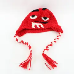 Handmade Crocheted Red M&M Earflap Beanie Hat One Size
