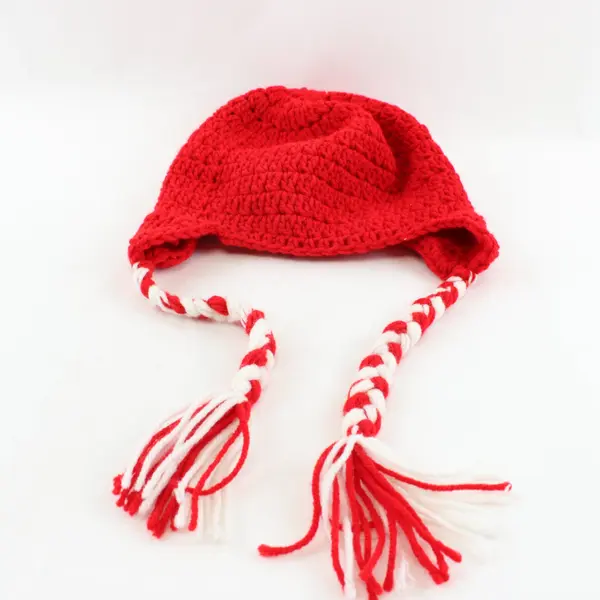 Handmade Crocheted Red M&M Earflap Beanie Hat One Size
