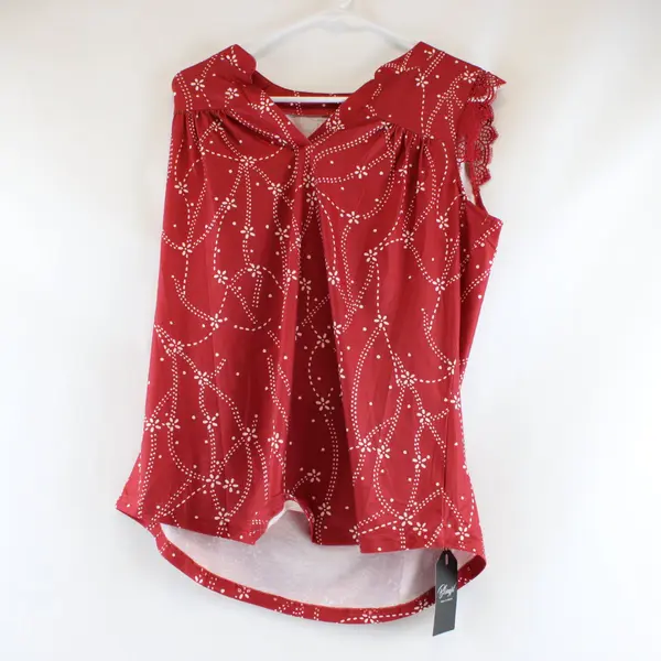 Blingfit Women's Red Floral Sleeveless Blouse Lace Trim V-Neck Size M