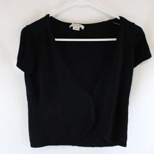 White House Black Market Drape Cardigan Short Sleeve M Black Knit Open Front