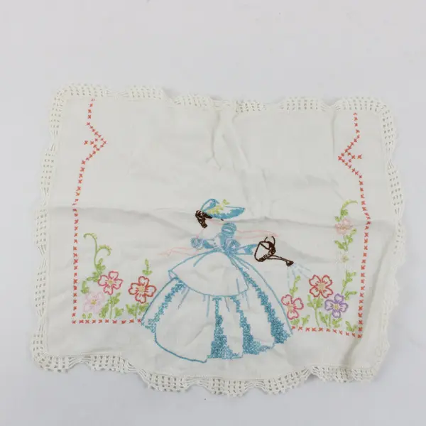 Vintage Embroidered Woman Watering Flowers Off-White Doily