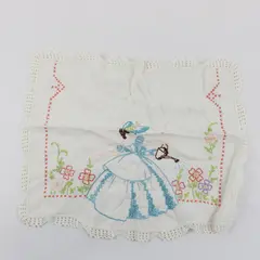 Vintage Embroidered Woman Watering Flowers Off-White Doily