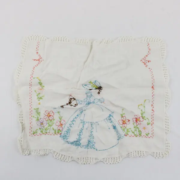 Vintage Embroidered Woman Watering Flowers Off-White Doily