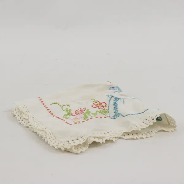Vintage Embroidered Woman Watering Flowers Off-White Doily