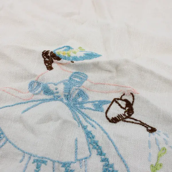 Vintage Embroidered Woman Watering Flowers Off-White Doily