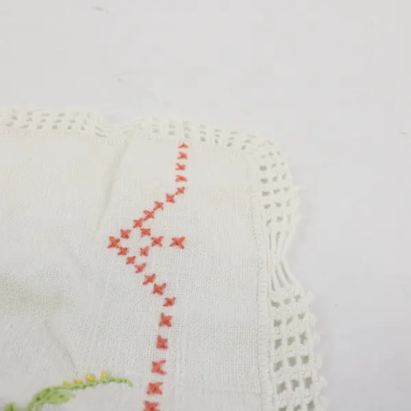 Vintage Embroidered Woman Watering Flowers Off-White Doily