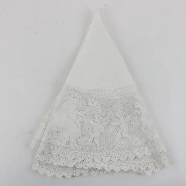 Vintage Woman & Cherubs Round White Lace Tablecloth 33 Inch FLAWED