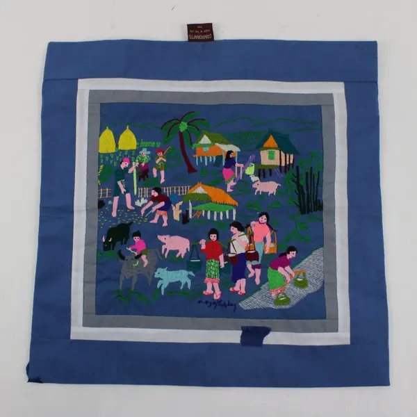 Handmade Camacrafts Embroidered Life Scene Square Pillow Cover 16" FLAWED