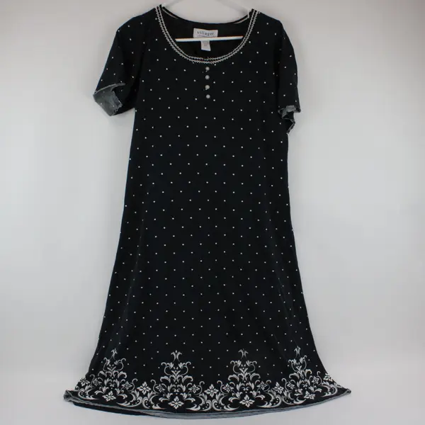 Villager Liz Claiborne White Polka Dot Black Nightgown Women's Small