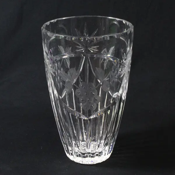 Lead Crystal Vase Etched Grapes Arches Palm Design 8.5" Tall