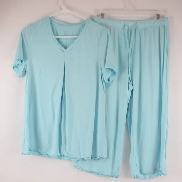 Women's Medium Sky Blue Pajama Set 95% Viscose Bamboo 5% Spandex Lettuce Hem