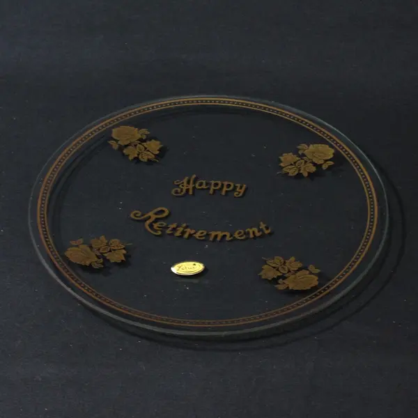 Lotus Glass Commemorative Plate Happy Retirement 22K Gold Floral 1980s