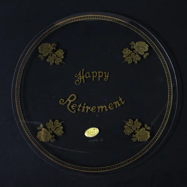 Lotus Glass Commemorative Plate Happy Retirement 22K Gold Floral 1980s