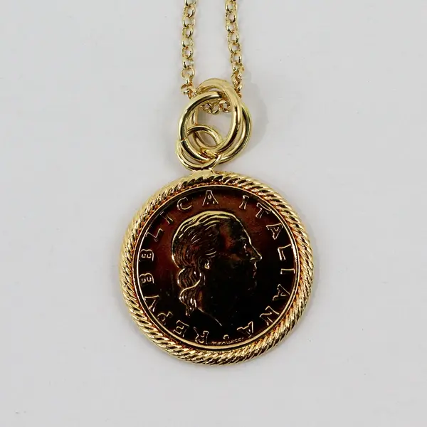 Milor 1995 2000 Lire Coin Pendant Necklace Gold Tone Bronze 19.5"