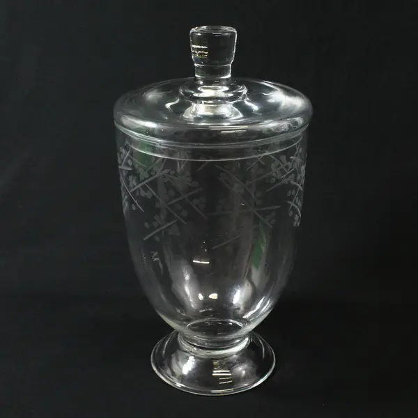 Large Clear Glass Apothecary Jar Etched Crisscross Dot Pattern 14.75"
