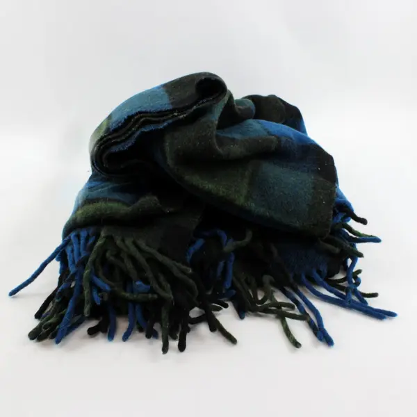 Pendleton Green Blue Plaid Wool Throw Blanket Fringe 52x68
