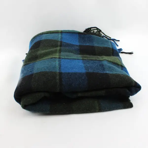 Pendleton Green Blue Plaid Wool Throw Blanket Fringe 52x68