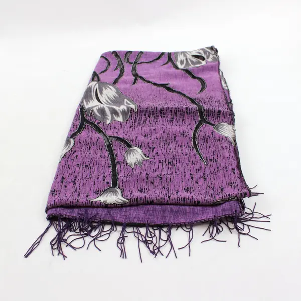 Unbranded Purple and Black Floral Partly Sheer Scarf Tassel Ends