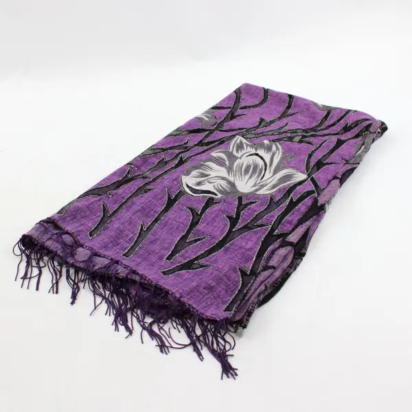 Unbranded Purple and Black Floral Partly Sheer Scarf Tassel Ends