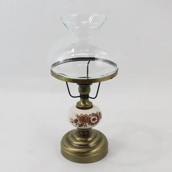 Vintage Brass & Ceramic Taper Candle Lamp w/ Glass Globe 13.5 in