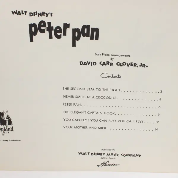 Walt Disney's Peter Pan Easy Piano Book David Carr Glover Jr. 1951