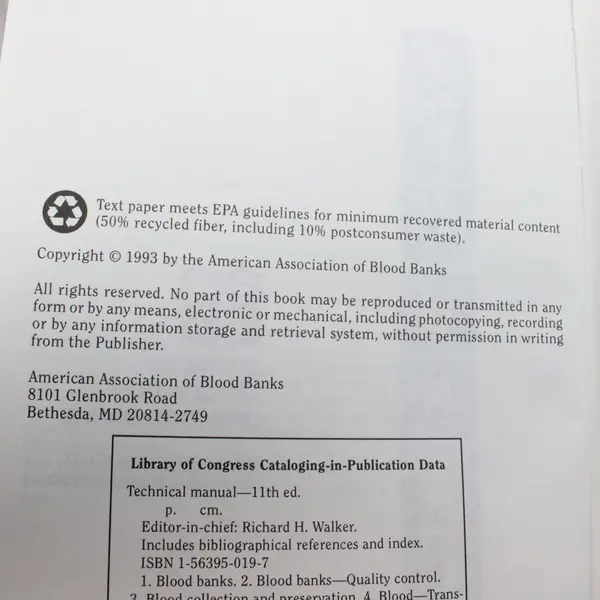 AABB Technical Manual 11th Edition Hardcover American Association of Blood Banks