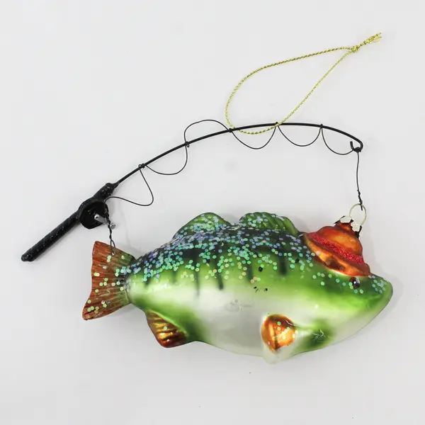 Blown Glass Hooked Fish Hat Fishing Pole Christmas Tree Ornament