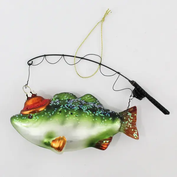 Blown Glass Hooked Fish Hat Fishing Pole Christmas Tree Ornament