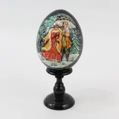 Vintage Russian Hand-Painted Lacquer Egg on Stand Signed