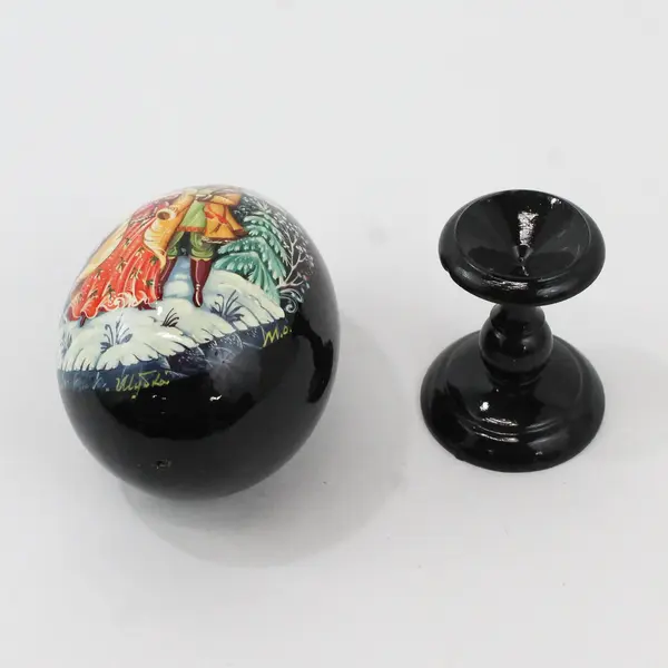 Vintage Russian Hand-Painted Lacquer Egg on Stand Signed