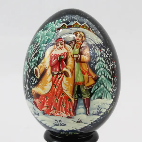 Vintage Russian Hand-Painted Lacquer Egg on Stand Signed