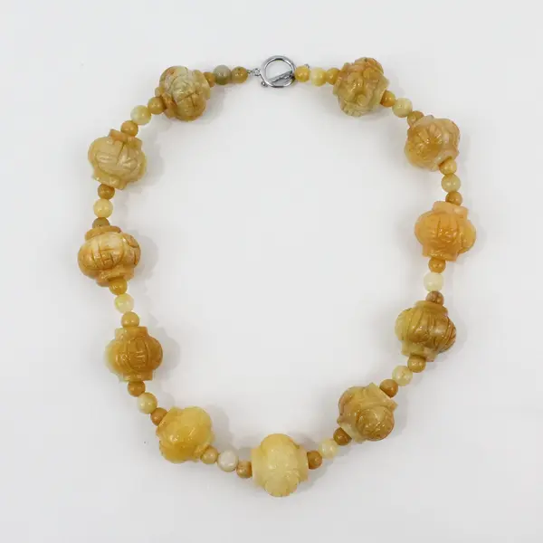 Vintage Hand-Carved Yellow Jade Lantern Beaded Necklace 21"