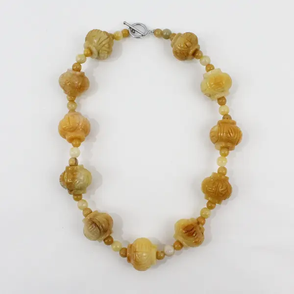 Vintage Hand-Carved Yellow Jade Lantern Beaded Necklace 21"