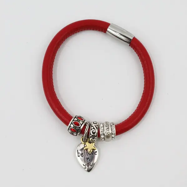Brighton Red Leather Charm Bracelet 8" Pre-Owned Gift for Sister