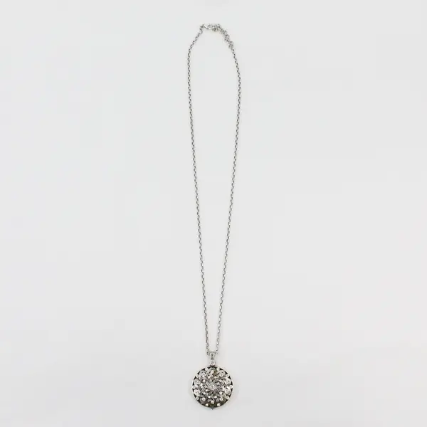 Brighton Rhinestone Mandala Compact Mirror Pendant Necklace 34" Silver-Tone