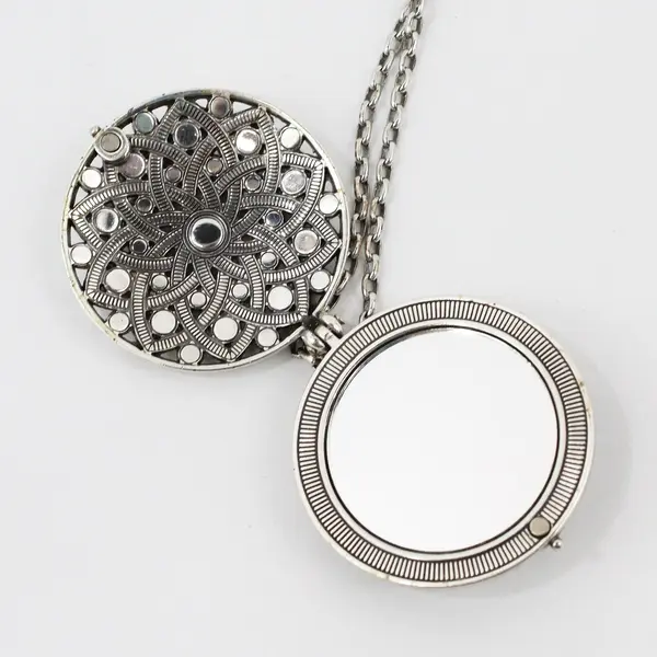 Brighton Rhinestone Mandala Compact Mirror Pendant Necklace 34" Silver-Tone