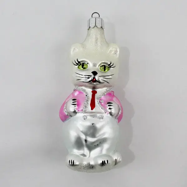Vintage Christopher Radko Blown Glass Ornament Shy Kitten White W/Pink Coat 4.5"