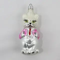 Vintage Christopher Radko Blown Glass Ornament Shy Kitten White W/Pink Coat 4.5"