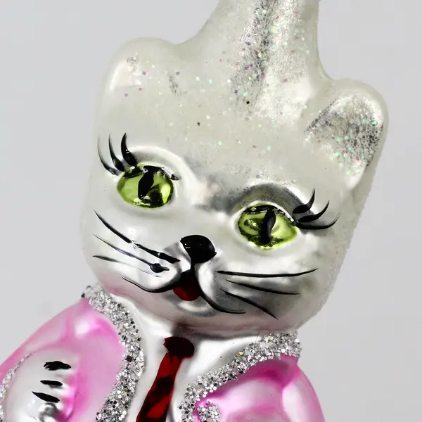 Vintage Christopher Radko Blown Glass Ornament Shy Kitten White W/Pink Coat 4.5"