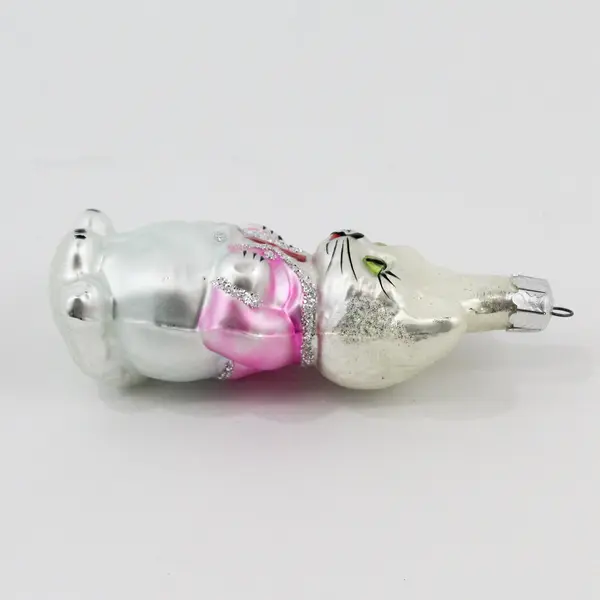 Vintage Christopher Radko Blown Glass Ornament Shy Kitten White W/Pink Coat 4.5"