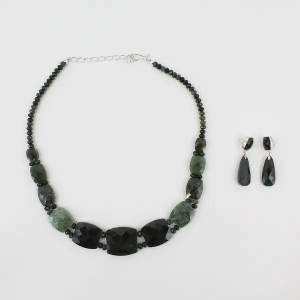 Green Nephrite Jade 925 Sterling Silver Beaded Necklace Earrings Set
