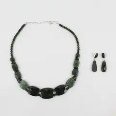 Green Nephrite Jade 925 Sterling Silver Beaded Necklace Earrings Set