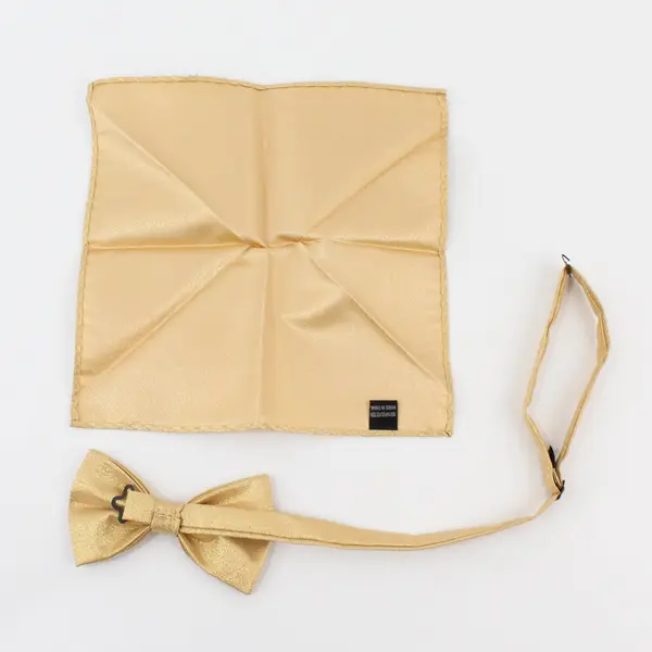 Men's Vesuvio Napoli Shiny Golden Adjustable Bow Tie With Pocket Square Set